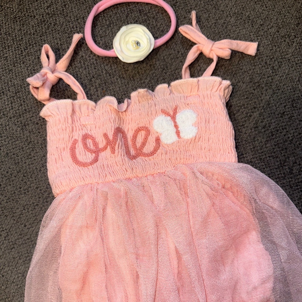 One Birthday romper with headpiece first birthday